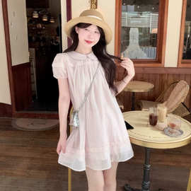 甜美蕾丝花边可爱娃娃领连衣裙女夏日绝美小裙子粉色少女显瘦短裙