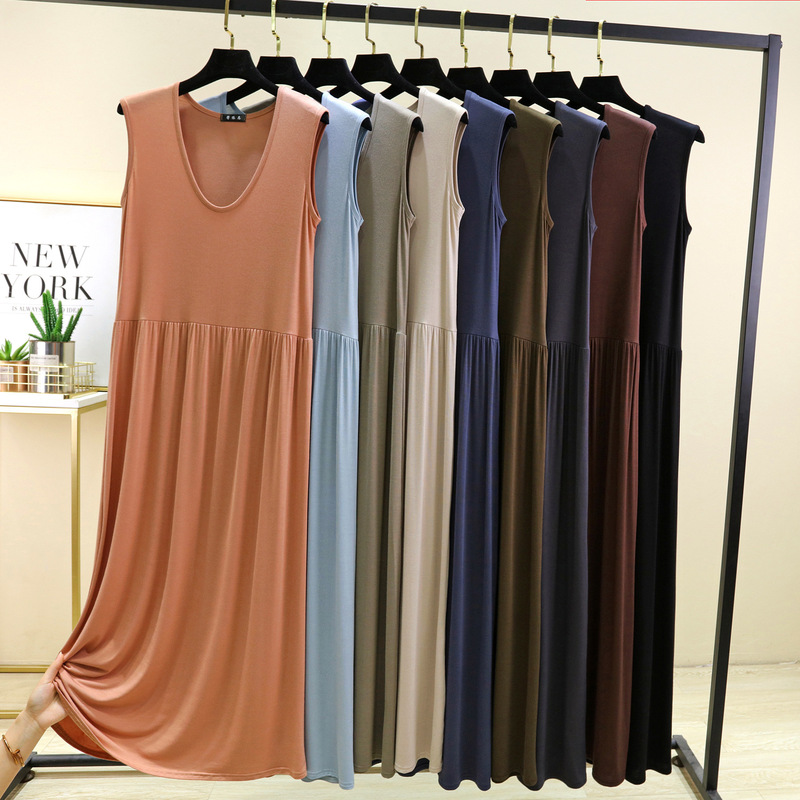 Summer Mid-Length Over-the-Knee A- Line Skirt Modal Loose dress Women's plus size Thin Pleated Nightgown chubby girl Outer Wear