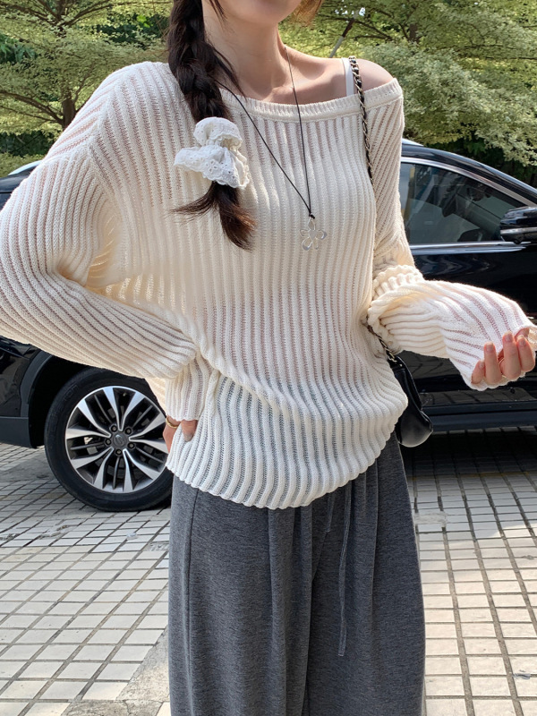 韩系坑条微透防晒显瘦针织衫女秋季慵懒宽松罩衫圆领长袖T恤上衣|undefined