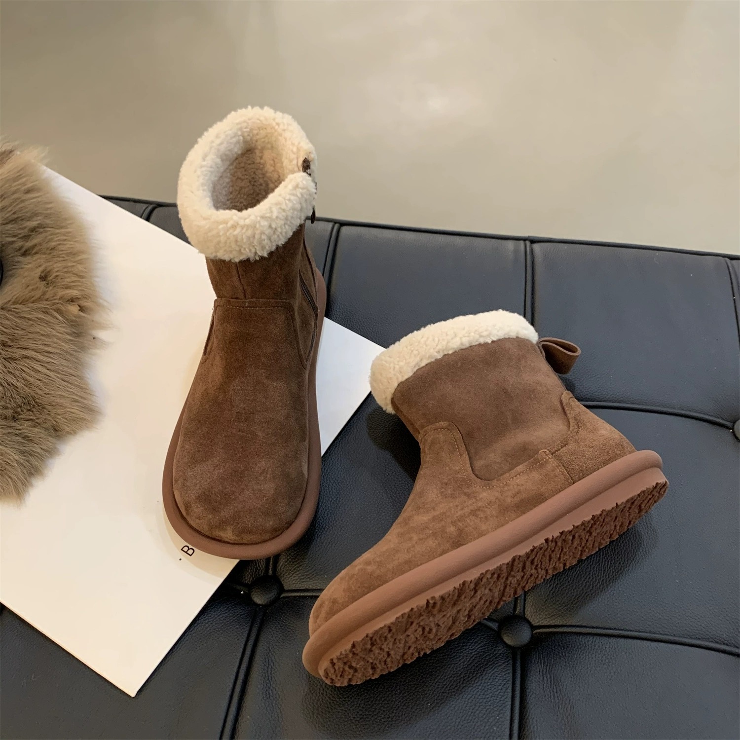 Snow boots women's winter fur one thick warm ankle boots with velvet cotton shoes_voghion.com