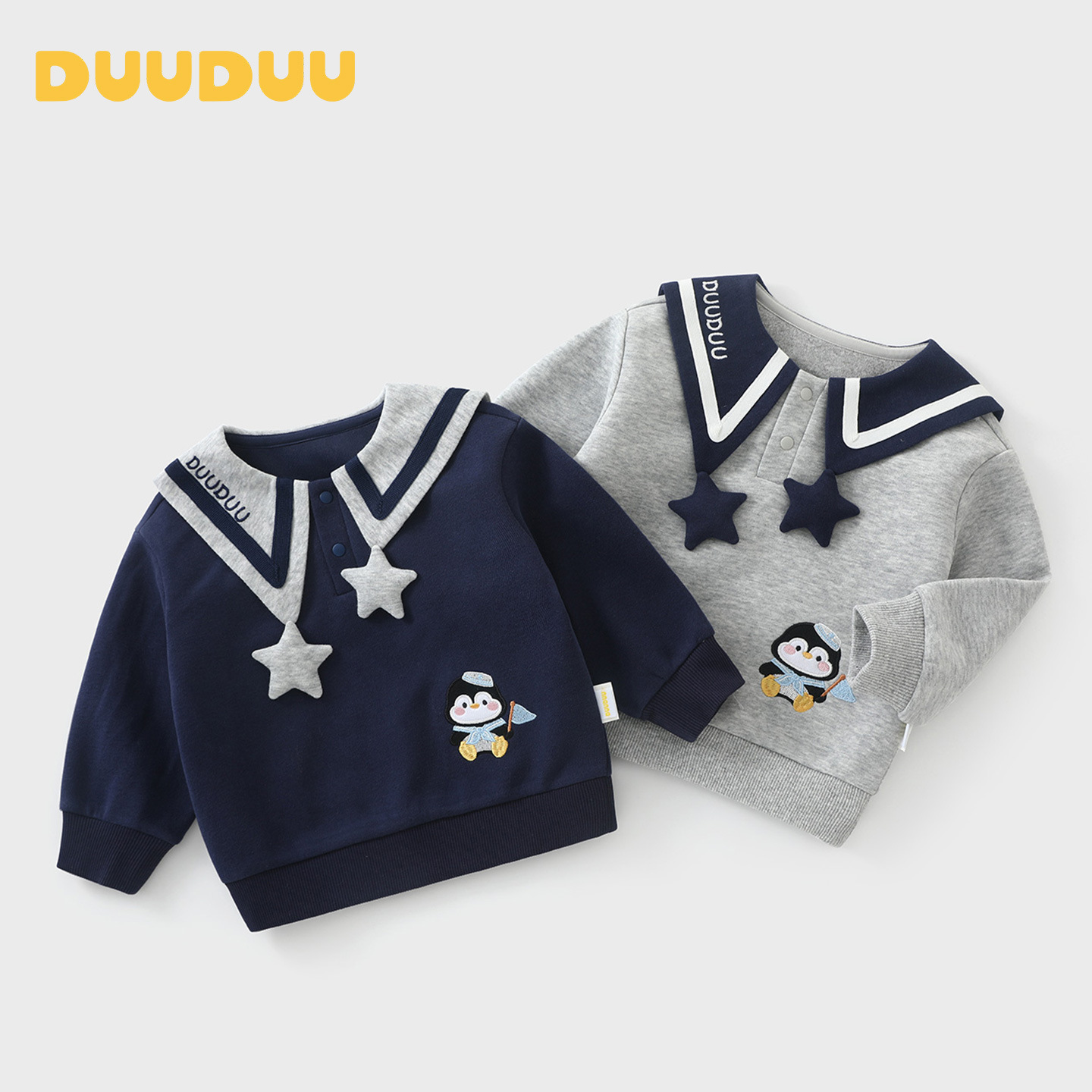 DUUDUU Children's 2026 Autumn Sweater for Girls, Navy Penguin Top, Long-Sleeved Infant Clothes