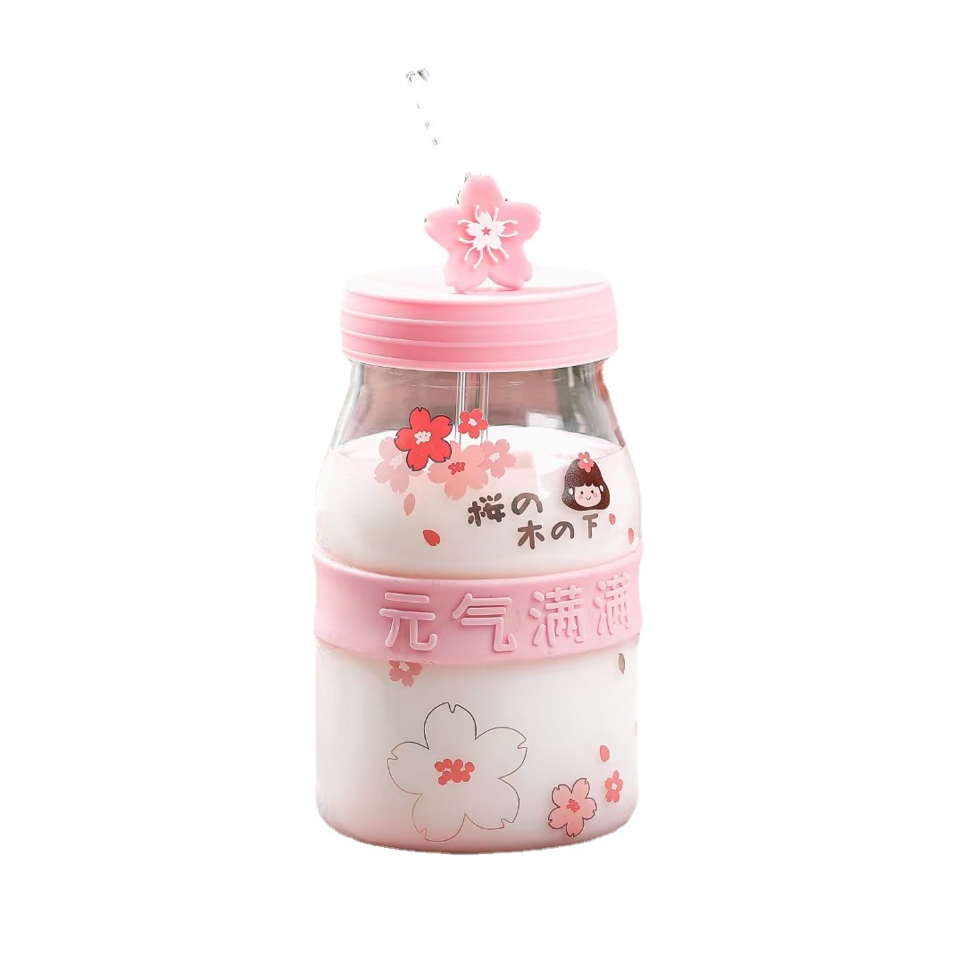 Creativa chica corazón Rosa flor de cerezo chica taza de paja con tapa de vidrio personalizado Oficina taza de leche
