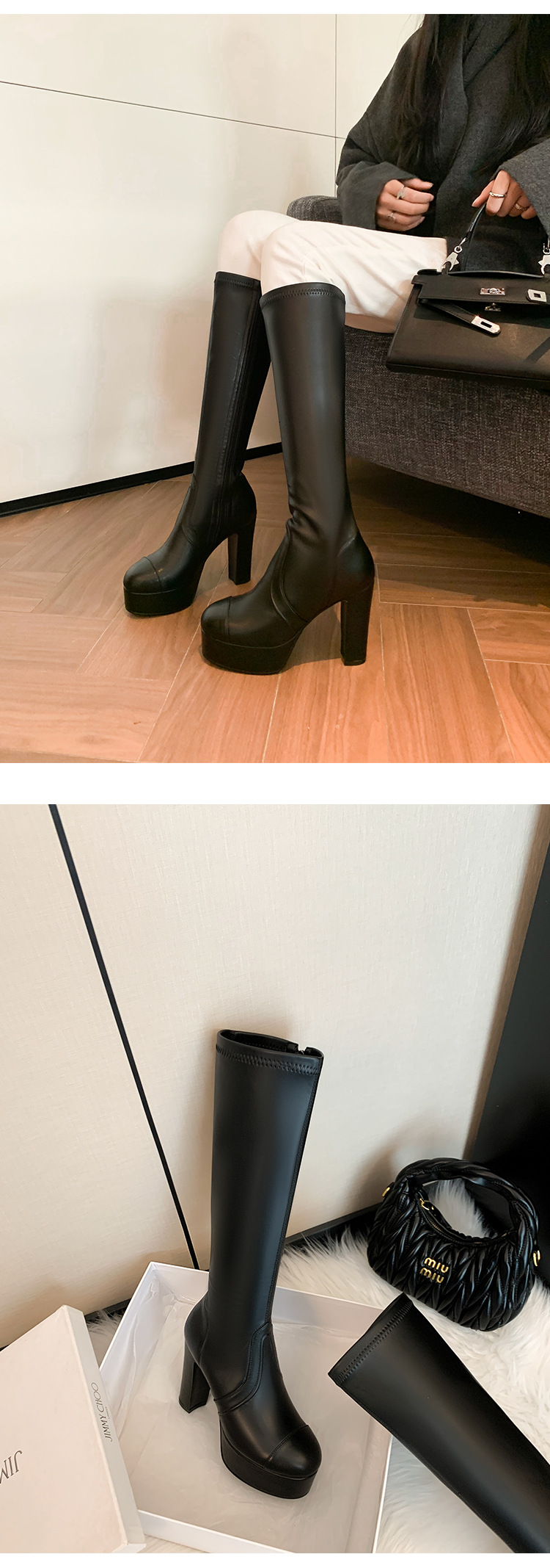 Boot nữ cổ cao ôm bắp chân gót 11cm đế platform mũi tròn — Quả mơ ống nhỏ đơn li, Lớp lót nhung lớn màu đen, Lớp lót nhung ống nhỏ màu mơ, Ống nhỏ màu đen đơn li chi tiết 17