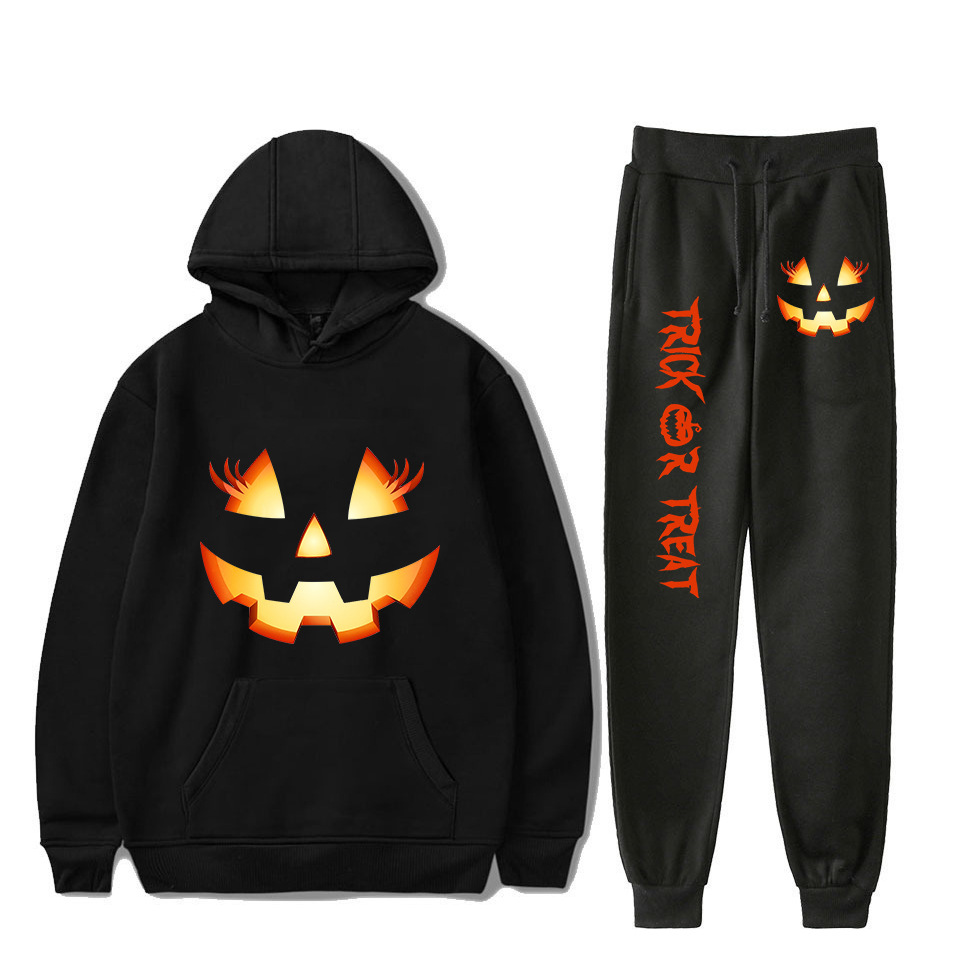 Women's Clothing creative pumpkin ghost face cartoon hooded sweatshirt leggings sports suit_voghion.com