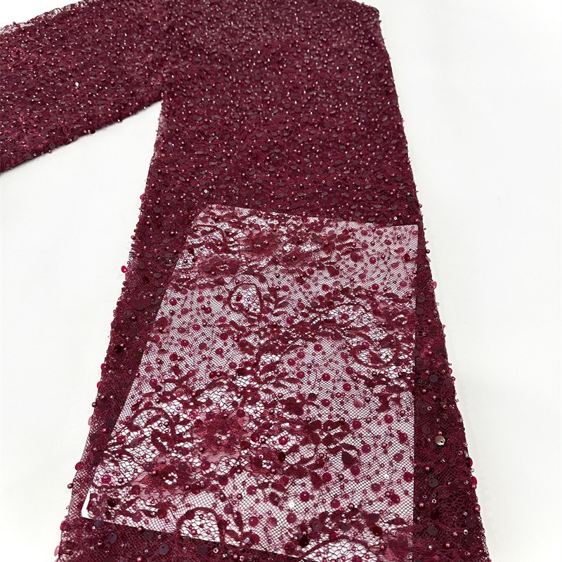 Tejido de bordado de encaje, tejido de bordado de cuentas, pequeño vestido de boda fresco, vestido de moda, tela