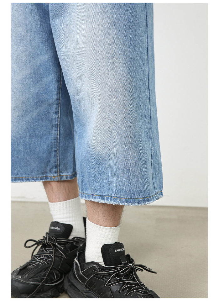 Quần short jean nữ ống rộng lửng cá tính phong cách đường phố — Làm cũ, Màu trắng, Rằn ri, Xanh lam cổ điển chi tiết 15