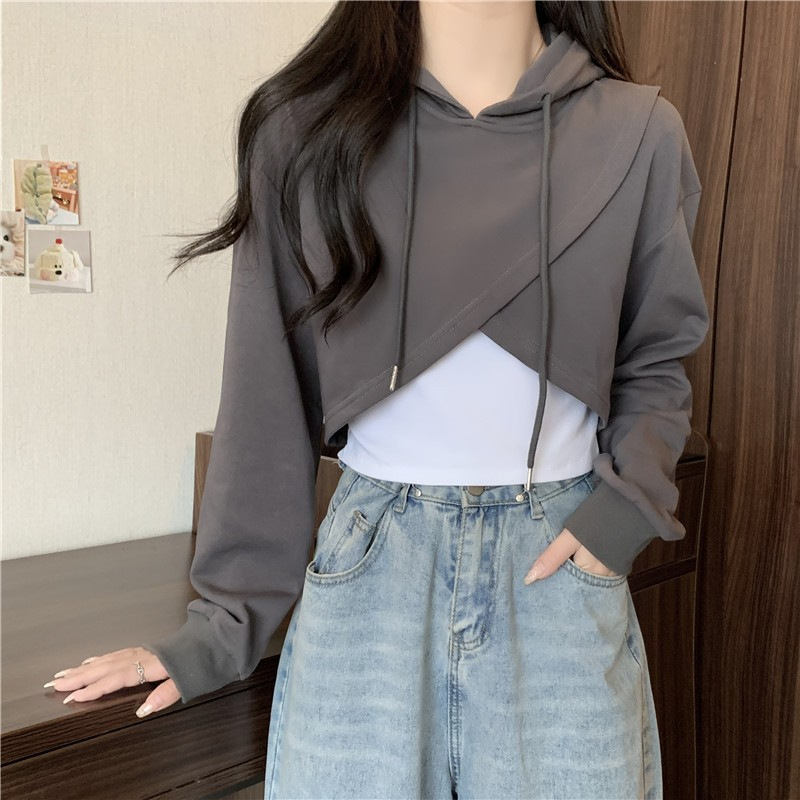 Short Sweatshirt Vest Two-Piece High-Waisted T-Shirt Women's Ins Sports Short Navel-Baring Jazz Dance Top Loose Long Sleeves