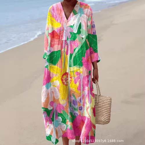 25 Cross-Border New Products Amazon Independent Website Long-Sleeved Shirt Dress Women's Casual Floral 3D Printed Long-Sleeved Dress
