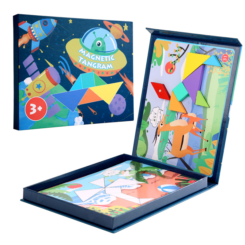 Educación temprana para niños pequeños desarrollo de pensamiento lógico mágico magnético de madera en forma de corazón siete puzzles de juguetes al por mayor