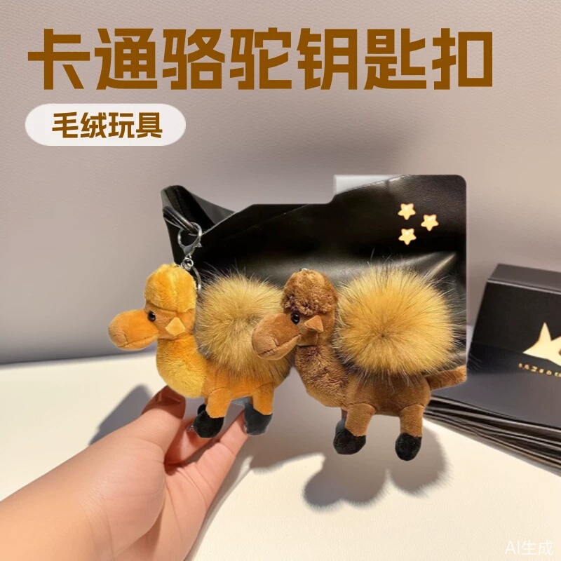 Cartoon Camel-Shaped Tiktok-Style Real Fur Car Keychain Accessory Plush Toy for Backpacks