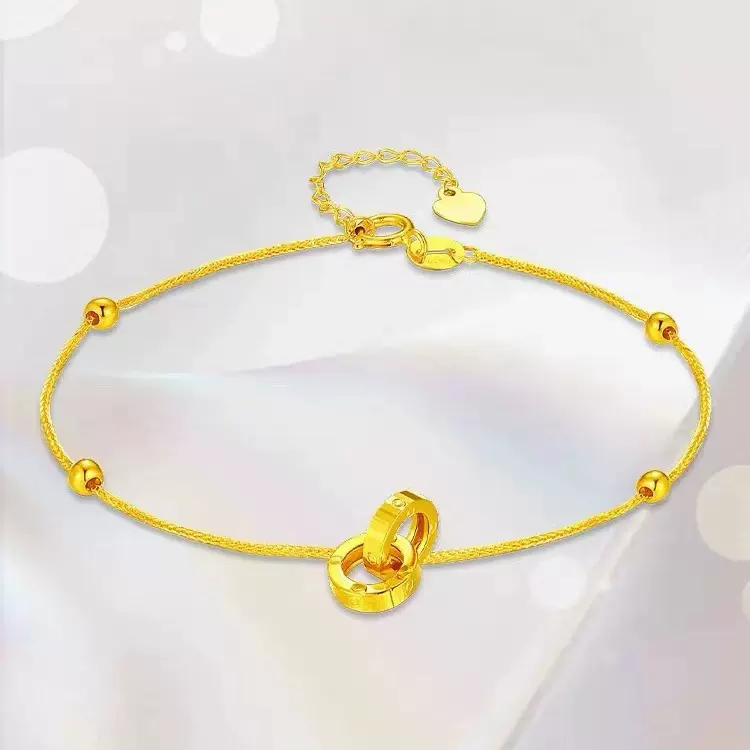 18K金环环相扣手链 Au750彩金黄金色双环 18K节日礼品批发