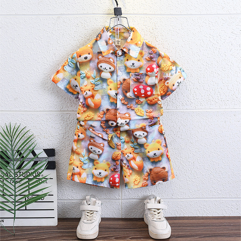 7210 Traje para niños Camisa de flores de manga corta para niños de verano Traje de dos piezas guapo y de moda 2025 nueva ropa para bebés