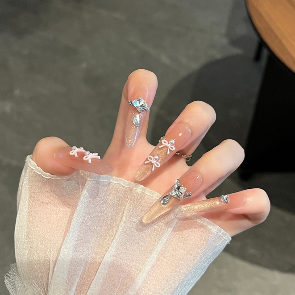 handmade long thin dog wear nail girl heart bow  eye handmade nail white fake nails nail stickers