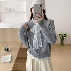 蕾丝拼接蝴蝶结韩版毛衣女新款秋冬季宽松慵懒风针织开衫外套上衣