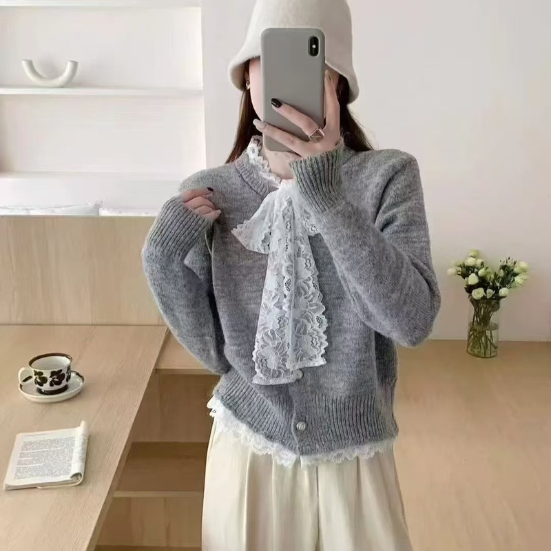 蕾丝拼接蝴蝶结韩版毛衣女新款秋冬季宽松慵懒风针织开衫外套上衣|undefined