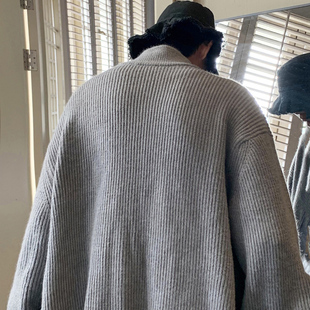 Grey Collar Knitted Cardigan Jacket Men's Spring and Autumn Couple's Sweater Lazy Style American Retro Sweater