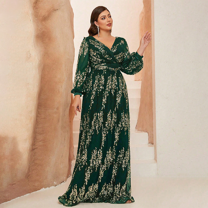 Wholesale Plus Size Gown Long Dress Birthday Sexy Prom Evening Dress Skirt Cross V Neck Long Sleeve Dress