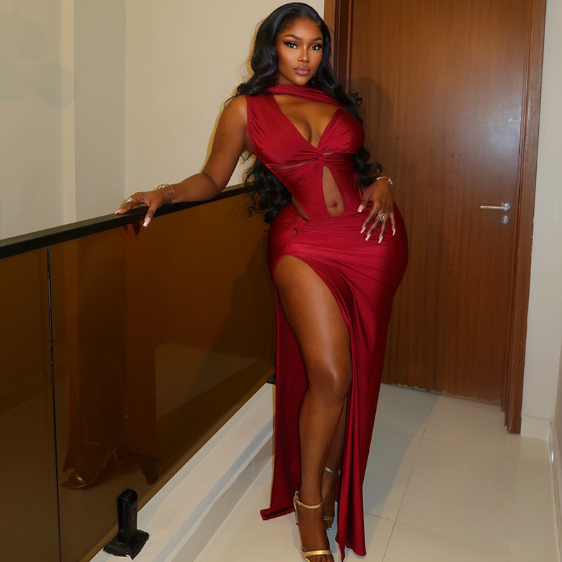European and American Style Foreign Trade Personalized Design Women's Solid Color Irregular Skirt with Slit, Hip-Hugging, Round Neck, Pleated Casual Dress European and American Style Foreign Trade Personalized Design Women's Solid Color Irregular Skirt with Slit, Hip-Hugging, Round Neck, Pleated Casual Dress