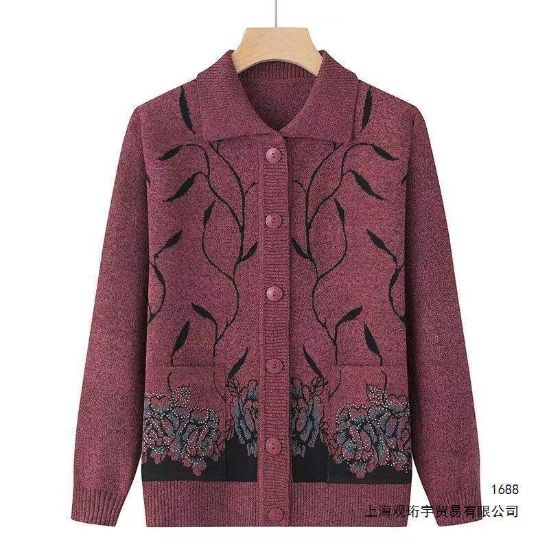 中老年人开衫针织外套奶奶老太太秋冬带口袋妈妈毛衣老人翻领衣服