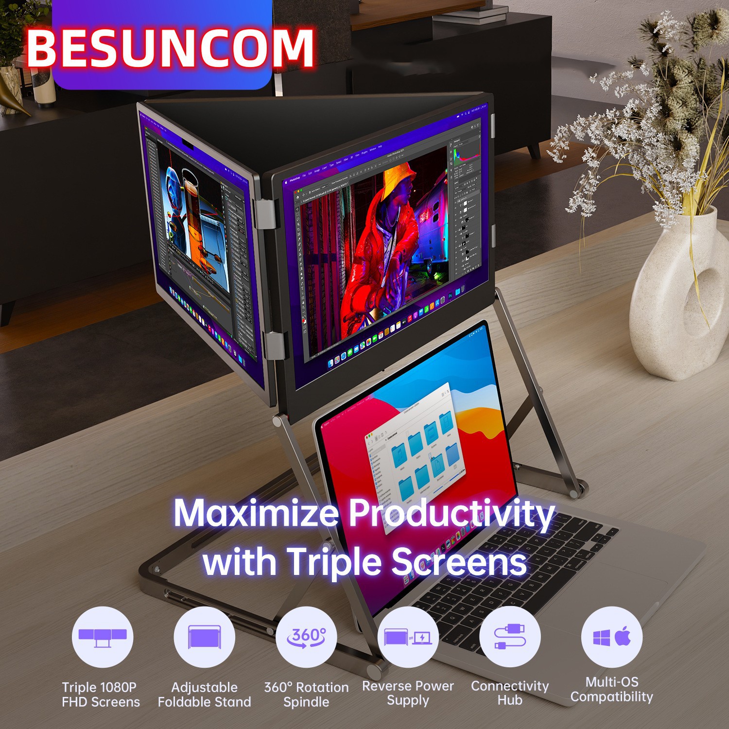 15.6inch Laptop Extended Screen Portable Display Computer Split Screen Four-Screen Secondary Screen Three-Screen Folding Screen