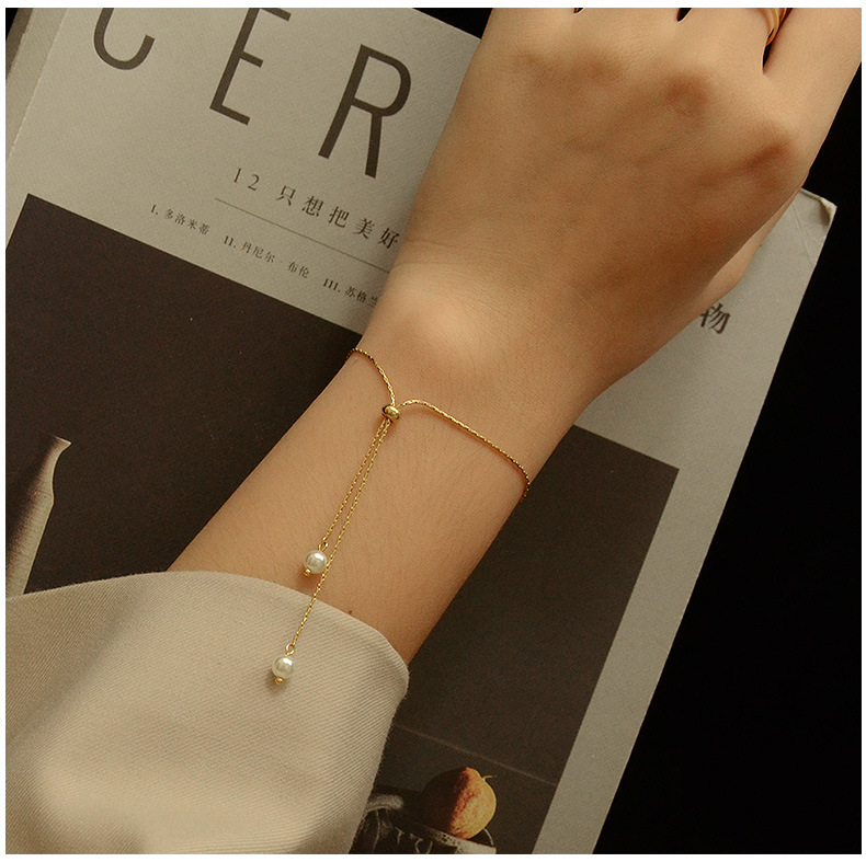 Niche design trendy pearl necklace bracelet vertical square chain pull titanium steel jewelrypicture5