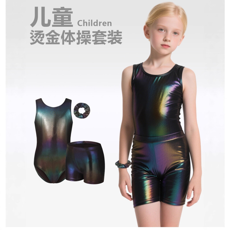 Gold-Stamped Dancewear for Girls, Ballet Outfit, Children's Gymnastics Performance Leotard, Bodysuit, Shorts, Three-Piece Set