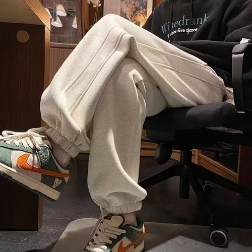 Men's winter leisure pants with plush lining and thickening, loose ankle design, large size, plain color sports and casual pants