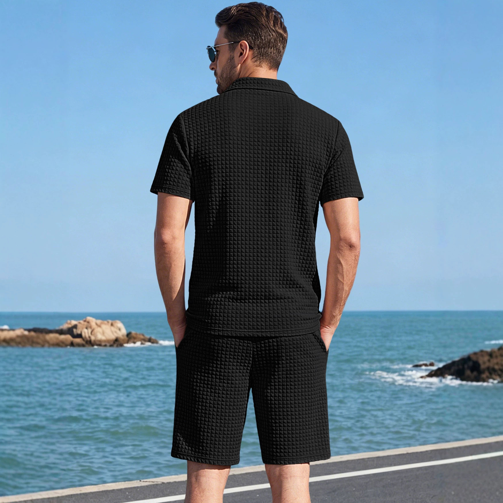 Transfronterizos Amazon verano nuevo hombre pequeño cuadrícula polo camisa de manga corta pantalones cortos trajes deportivos casuales