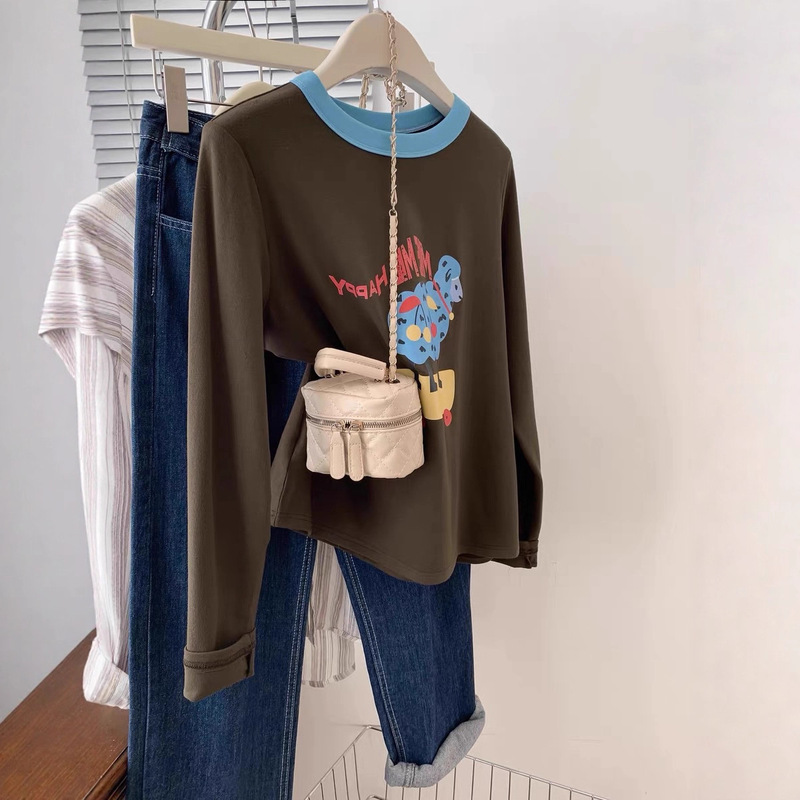 Color-Blocking Cross-Border Long-Sleeve Women's T-Shirt, 40-Count Pure Cotton, New Popular Cartoon Style for Early Spring and Autumn, Base Layer Top