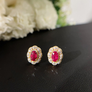 18K Gold Ruby ​​Earrings for Women, Fashionable Design, Cultured Diamond Earrings, Colored Gold Inlaid with Colored Gems, Pigeon Blood Red Earrings