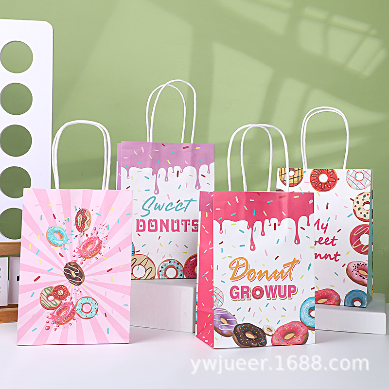 马卡龙色系甜甜圈花纹纸袋 可爱少女粉色送礼物包装手提牛皮纸袋