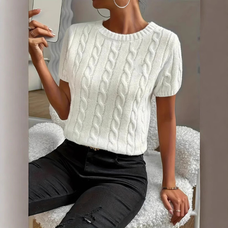 Source Factory Cross-Border Wholesale of All-In-One Twist-Cable Round-Neck Versatile Short-Sleeve Pullover Knitted Sweaters, In-Stock Wholesale, Oem Private Label