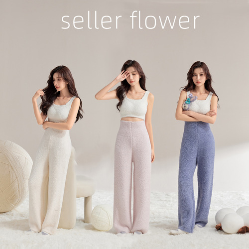 Winter and Autumn Women's Thicker Fleece Lined Pajama Pants with Half Fleece Waistband, Striped Home Pants, Loose Elastic Waist Supportive Leggings