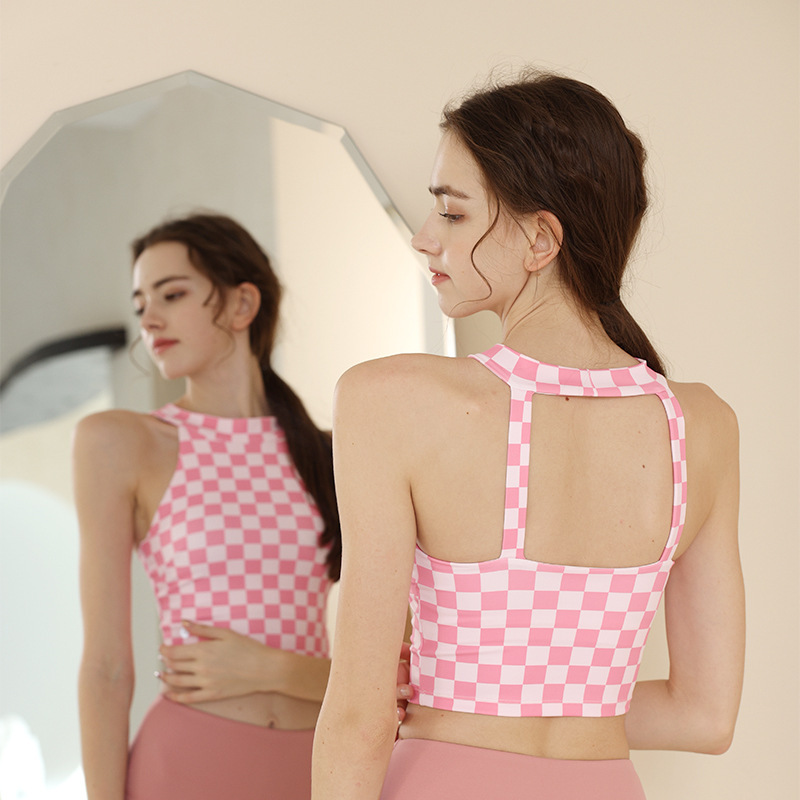 Internet Celebre Personality Fashion Contrast Color Black and White Chess Plaid Yoga Clothing Vest Women's Belt Chest Pad Fitness Sports Underwear Bra