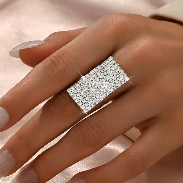 Cross-border new high-end, luxurious, and dazzling crystal-studded open ring for women, featuring a fashionable geometric square design with rhinestones