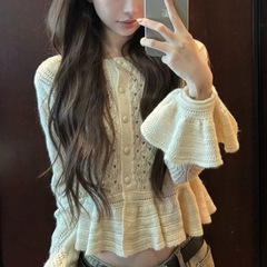 YUYUREL 私服 镂空钩花荷叶边羊驼毛针织开衫