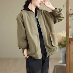 古咖服饰秋冬新款文艺拼接大口袋夹克棒球领纯色宽松上衣女式外套