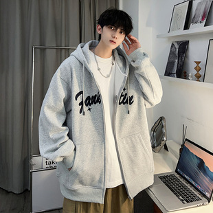 Plush cardigan sweatshirt for men in spring and autumn trendy brand heavyweight college style top loose plus fat plus size hooded jacket