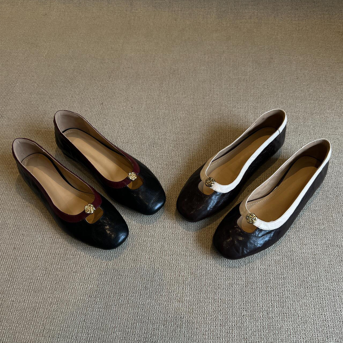 Versión de cuero de vaca ~ cuero genuino retro camellia francesa con un zapato de pie único zapatos de mujer nuevos zapatos planos zapatos de abuela
