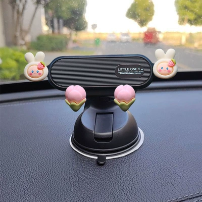Car phone holder: use, 2025 new model, cartoon design - black-textured-strawberry-bunny-car-glass-dashboard-dual-use