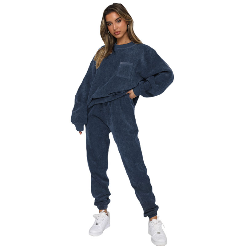 Women's Clothing Autumn and Winter New Corduroy Solid Color Round Neck Pullover Long Sleeve Two piece Fashion Pants Suit for Women_voghion.com
