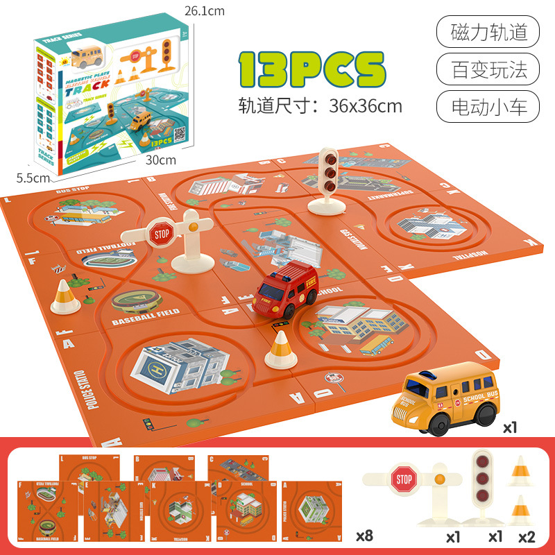 Tiktok niños educativos pista magnética coche fuego ingeniería vehículo DIY variedad rompecabezas eléctrico pista coche