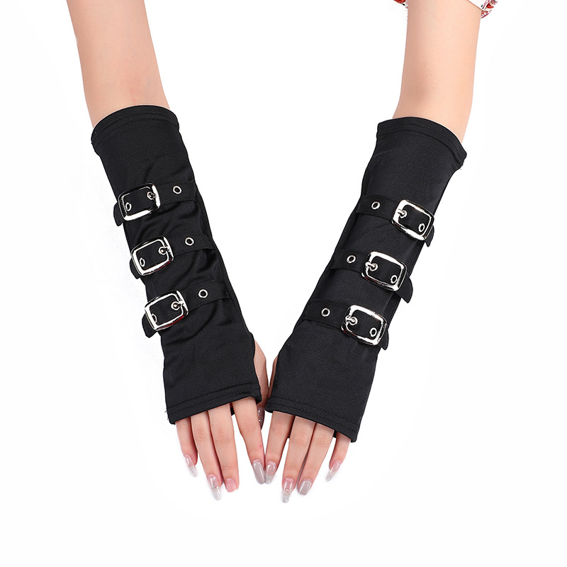 时尚欧美风个性日字腕带连指手套 朋克风派对黑色牛奶丝手套