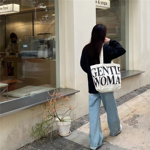 春夏新款ins小众设计泰国帆布托特包时尚简约字母大容量单肩