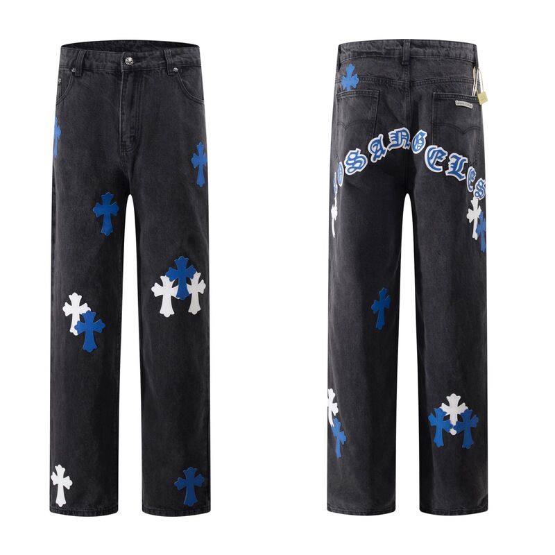 跨境克罗伈 & CH ss25顶级品质男式牛仔裤印花刺绣磨破现货一件代|undefined