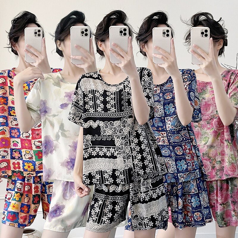 Pajamas for Middle-Aged Mothers, Thin Cotton Silk Short-Sleeved Shorts, Summer Cool-Feeling Casual Style Home Wear Set for Middle-Aged and Elderly People Pajamas for Middle-Aged Mothers, Thin Cotton Silk Short-Sleeved Shorts, Summer Cool-Feeling Casual Style Home Wear Set for Middle-Aged and Elderly People