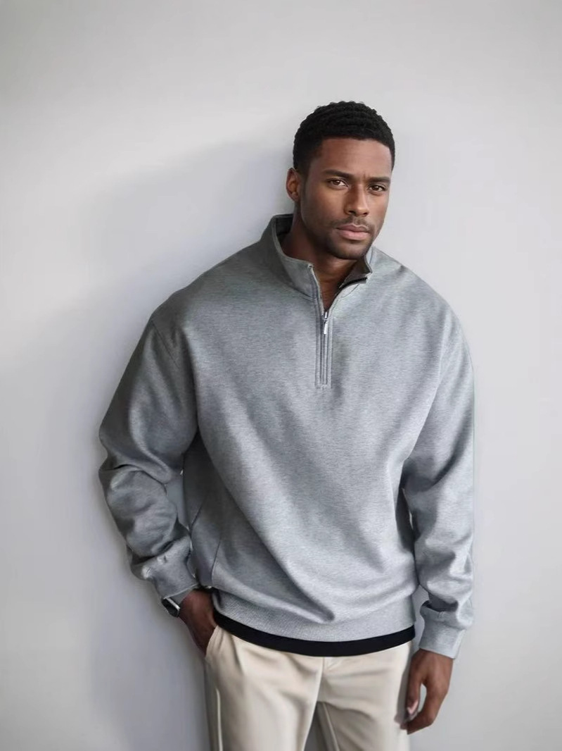 Europa y los Estados Unidos pesados 500g medio cremallera cuello Boxy suéter gris limpio ajuste americano para hombres y mujeres otoño y invierno