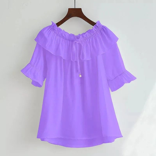 Slimming One-Shoulder Blouse with Bellows Sleeve and Pleated Hem, Korean Style Loose Top for 2025 Summer Trend