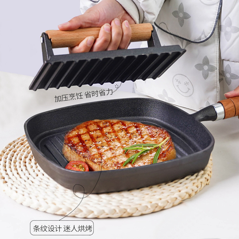 Pequeña felicidad hierro fundido Placa de carne teppanyaki cerdo hierro pastel prensa hogar barbacoa frito filete placa herramienta sin recubrimiento