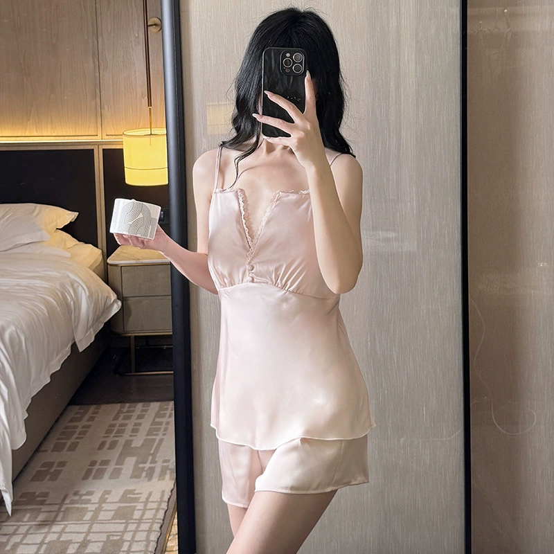 Sexy шелковая пижама, летний топ с чашками, футболка, шорты, набор, домашняя одежда